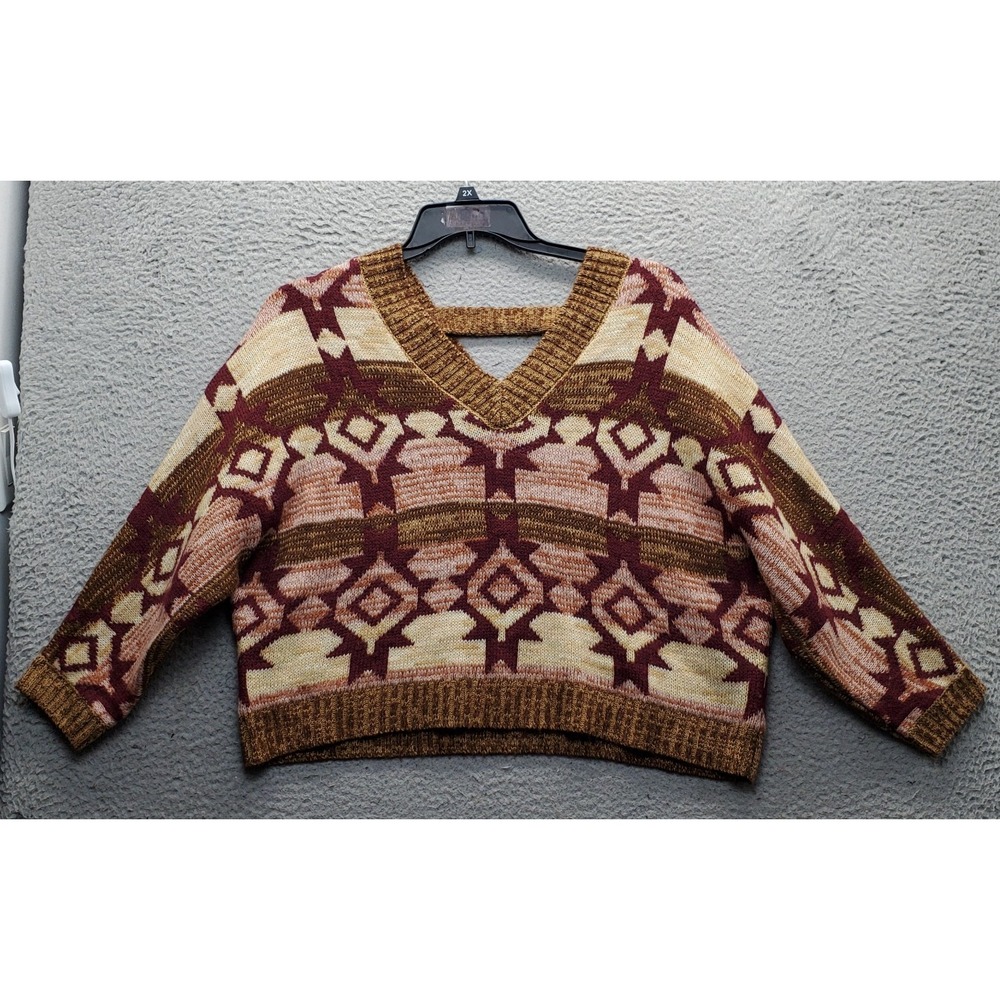 Cloud Chaser Crop Sweater Womens Large Multi Aztec Print Knit‎ V-Neck Pullover